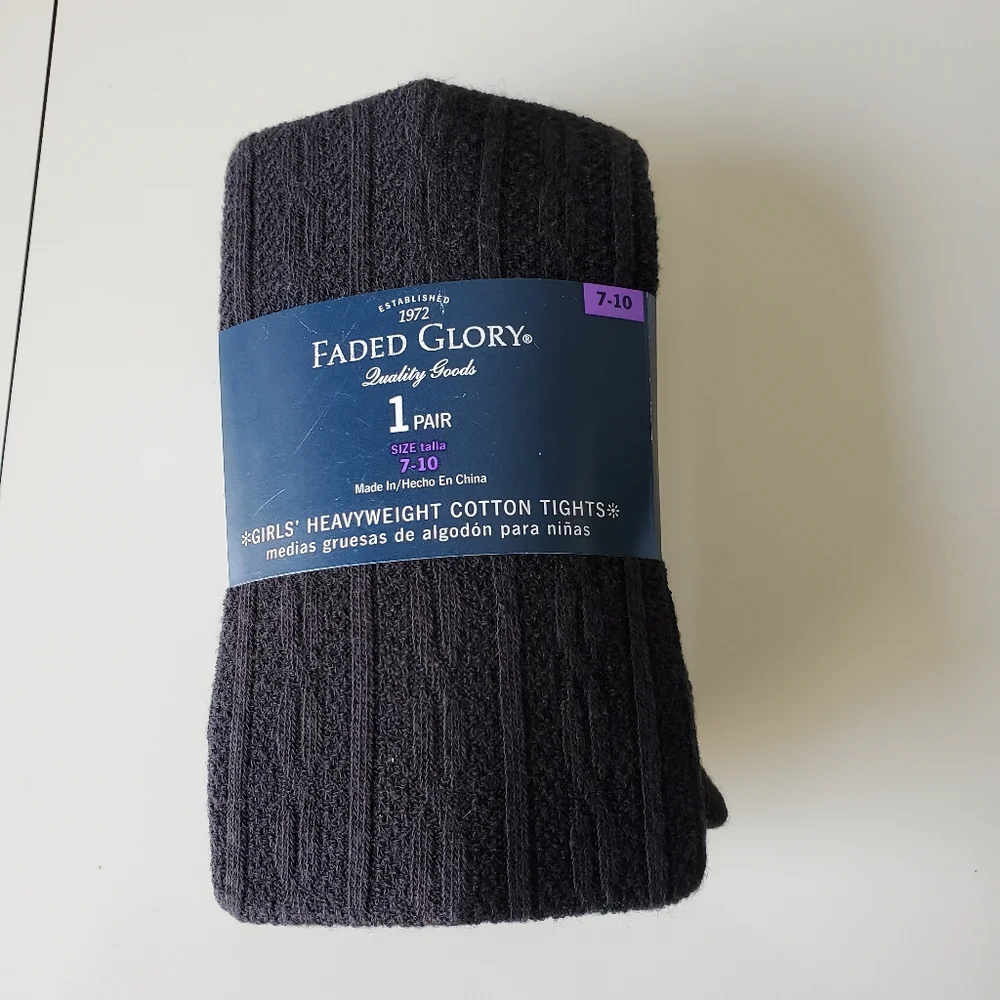 NWT Faded Glory Girls Gray Heavyweight Cotton Tights, Size 7-10